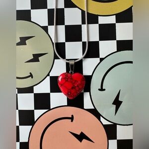 New Black Veined Red Howlite Heart Shaped Pendant w/a 1mm Silver Chain